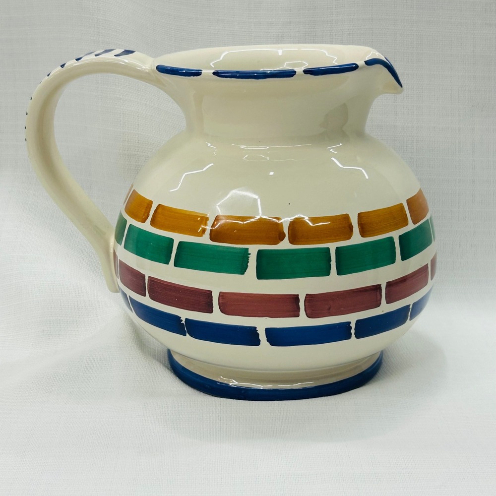 VIntage Pier 1 Imports Ceramic Pitcher 7" Italy Hand Painted Brick Pattern Jug